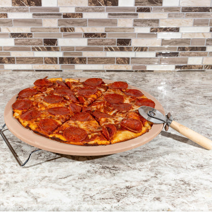 Pizza Stone - 15-Inch Pizza Stone for Oven or Grill with Cutter and Metal Serving Rack/Handles - Oven Accessories by Classic Cuisine