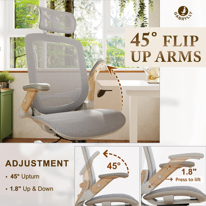 GABRYLLY Ergonomic Office Chair, High Back Home Desk Chair with Flip-Up Arms, Headrest, 90-120° Tilt and Wide Cushion, 300LBS White Mesh Chair for Work Gaming Study (GY01-NT, Woodgrain Pattern)