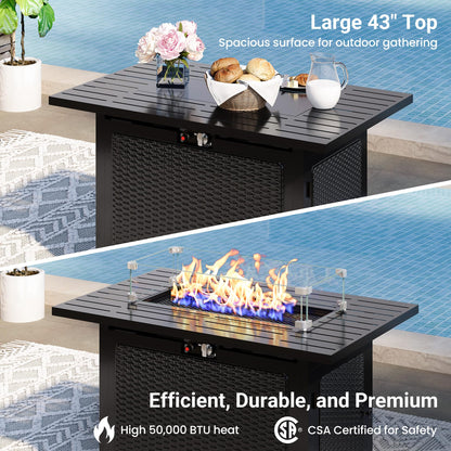 8 Pieces Outdoor Patio Furniture Set with 43" Fire Pit Table, Wicker Outdoor Patio Sectional Sofas with Cushions and Coffee Table, All-Weather Patio Conversation Set for Garden Backyard, Light Blue