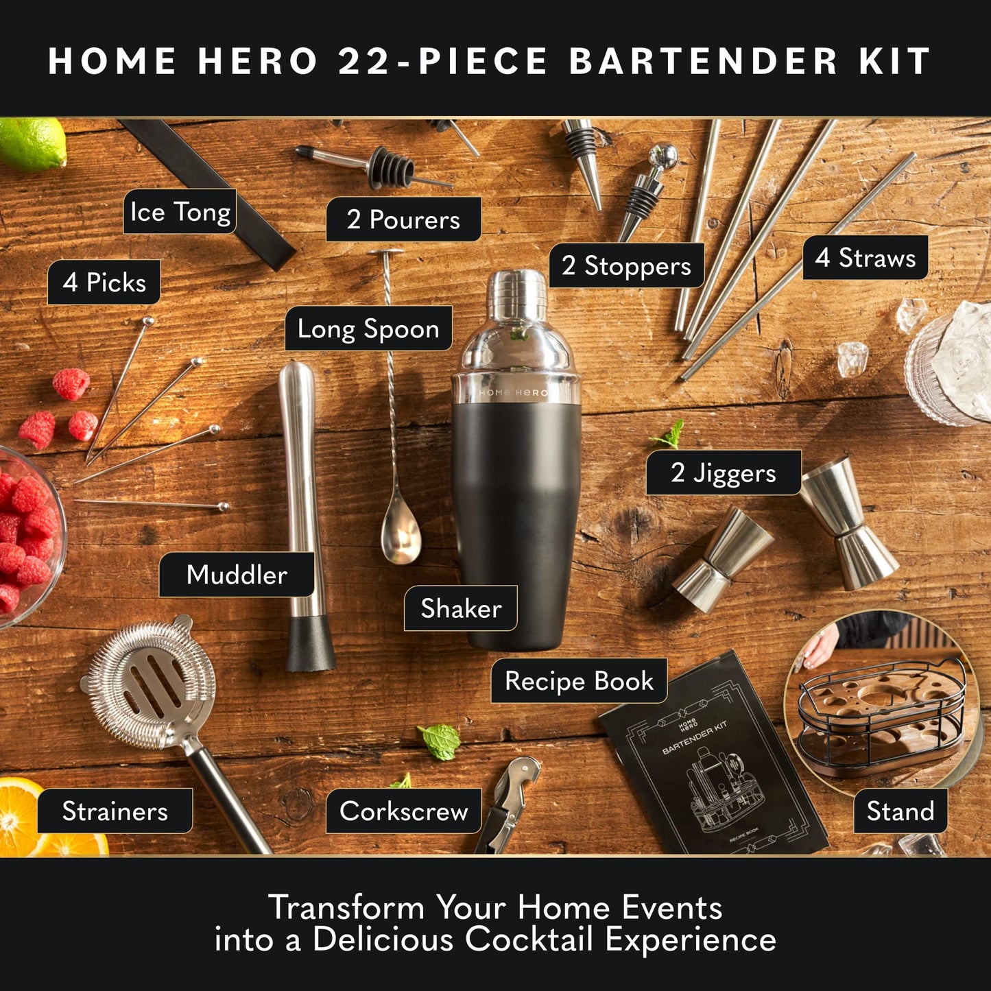 Home Hero Bartender Kit - 22-Piece Cocktail Shaker & Bar Tool Set - Wooden Stand Display & Bar Cart Accessories - Recipe Book & Housewarming Gifts - 22-Pc, Silver