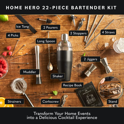 Home Hero Bartender Kit - 22-Piece Cocktail Shaker & Bar Tool Set - Wooden Stand Display & Bar Cart Accessories - Recipe Book & Housewarming Gifts - 22-Pc, Silver