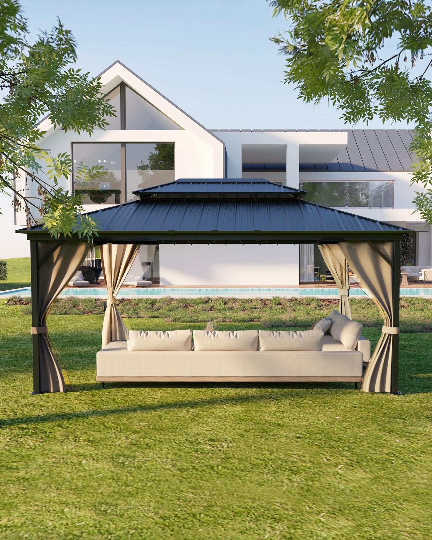 12x16 ft All-Weather Hardtop Gazebo with Double Metal Roof & Aluminum Frame – Permanent Outdoor Shelter with Net & Curtains for Patio, Deck, Backyard, Lawn, and Garden