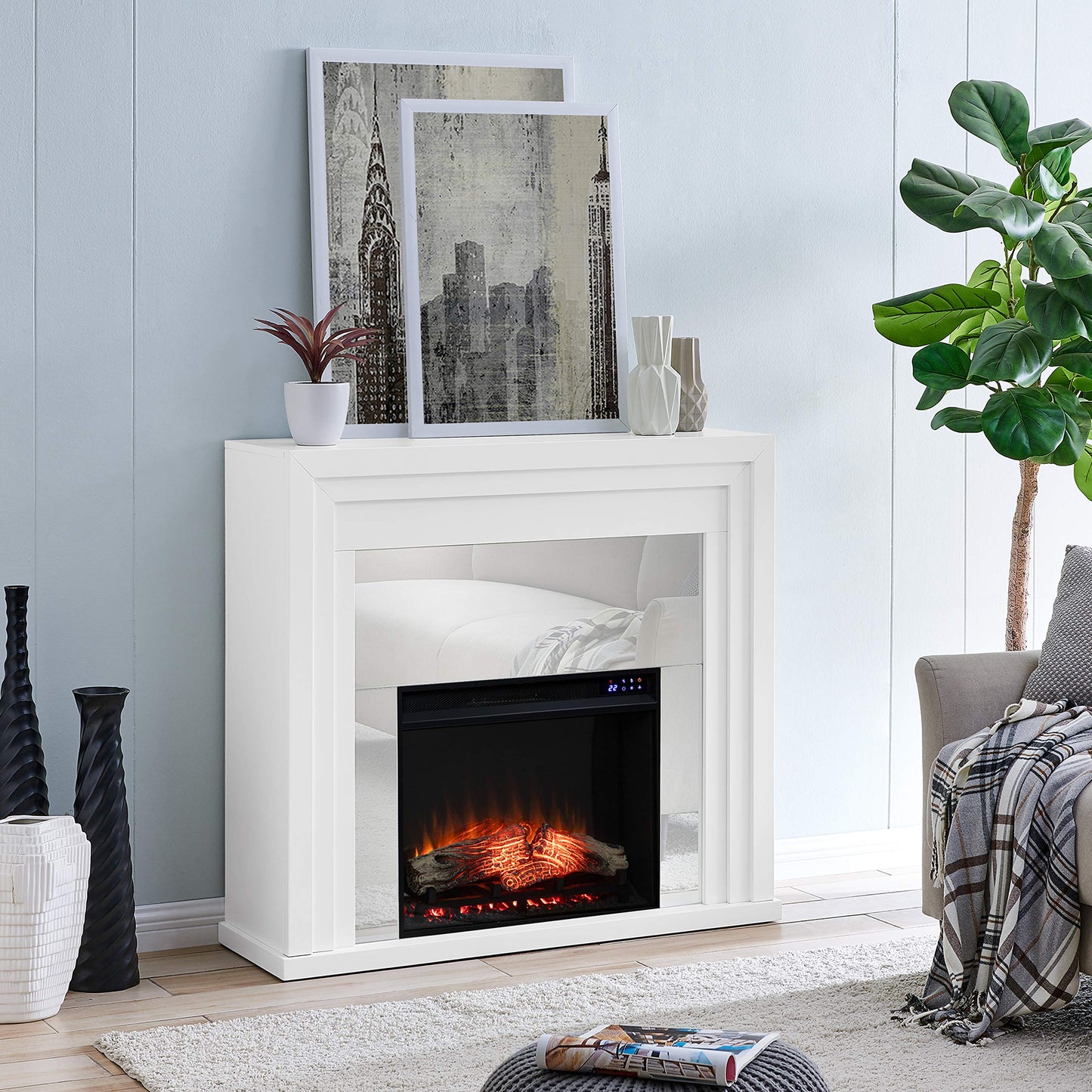 SEI Furniture - Stadderly Mirrored Touch Screen Electric Fireplace - Transitional Design, White Glass and Wood - Ideal for Living Room, Bedroom (FR1009659)