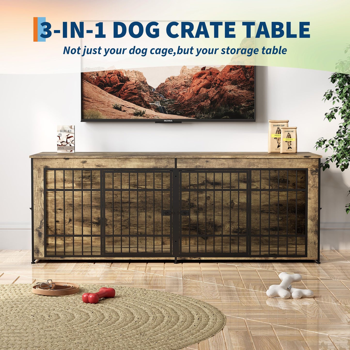 GarveeLife 78.7" Heavy Duty Dog Crate Furniture, Dog Cage Furniture with Divider,Wooden Kennel Indoor TV Stand End Table for Large/Medium Dogs, Rustic Brown