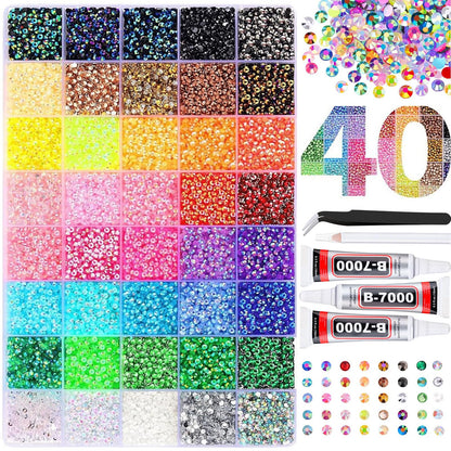 3mm Colorful DIY Resin Rhinestone Kit for Bedazzling, Multicolor Flatback Gems, 3Pcs 10ml B7000 Jewelry Glue for Bedazzled Nail Art Clothing Shoes Nail Book Diamond Art (32000)