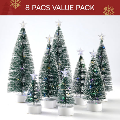 JOYIN 8 Pcs Mini Xmas Tree with LED Lights, Prelit Classic Small Christmas Decor in 4 Sizes with Star Topper, Tabletop Artificial Tree with Snow for Xmas Indoor Home Decor Holiday Festive (Green)