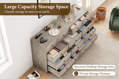 Hetoy 12 Drawer Wooden Dressers with Charging Station – Gray Wood Chest of Drawers for Bedroom, Closet, Living Room, 61" Wide TV Stand Dresser, Modern Storage Organizer for Nursery, Hallway