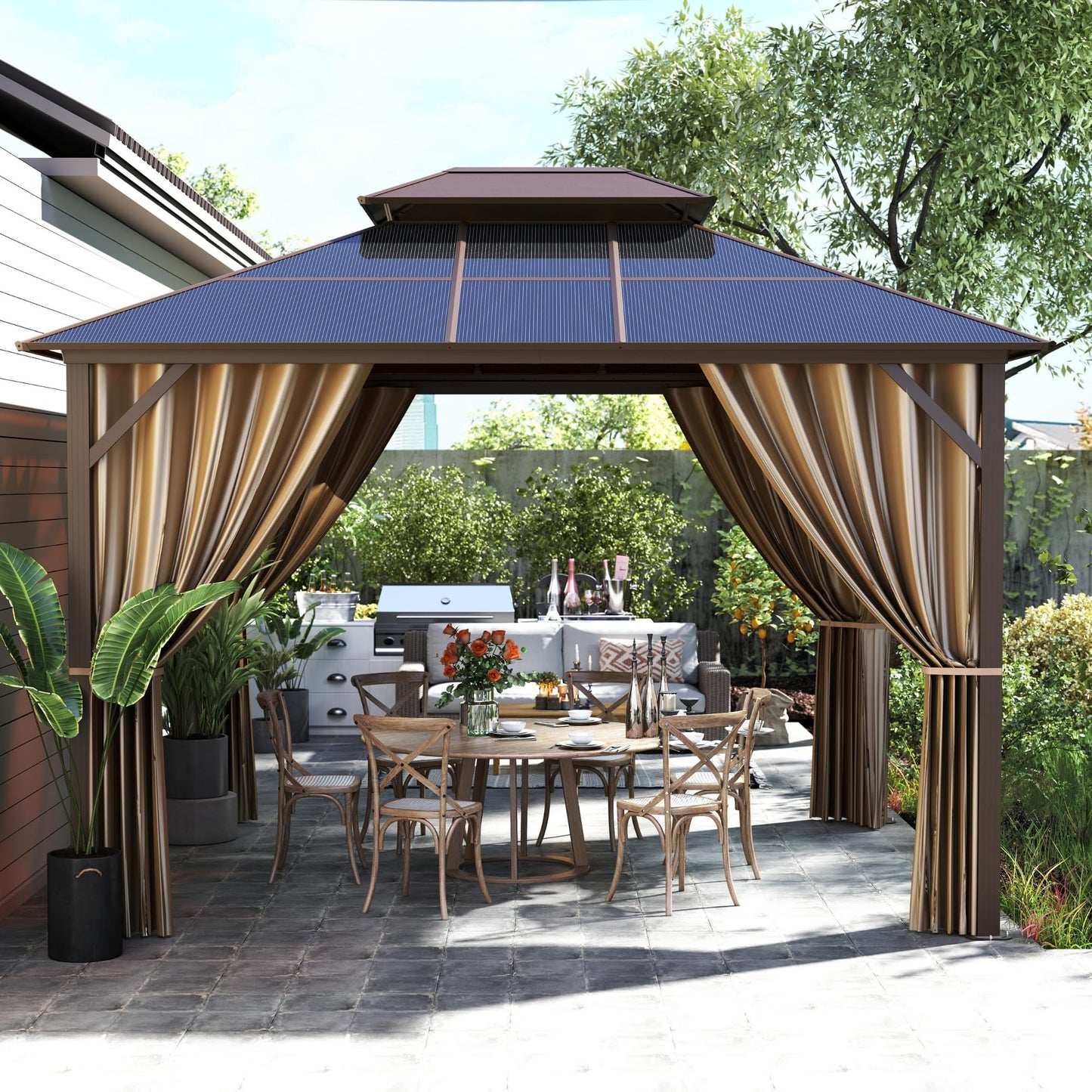 Patio Kingdom 10'x12' Hardtop Gazebo with Double Polycarbonate Roof, All Weather Aluminum Frame Outdoor Pavilion with Curtains and Netting, UV Protection for Patio, Lawn & Garden