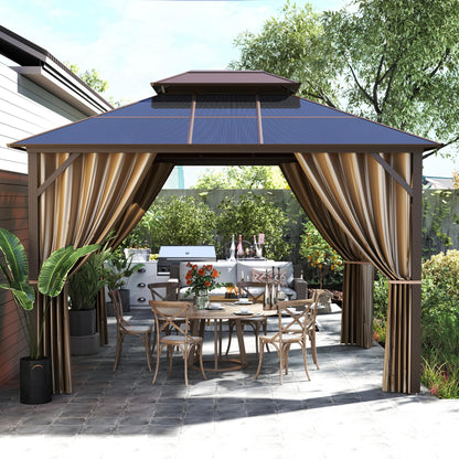 Patio Kingdom 10'x12' Hardtop Gazebo with Double Polycarbonate Roof, All Weather Aluminum Frame Outdoor Pavilion with Curtains and Netting, UV Protection for Patio, Lawn & Garden
