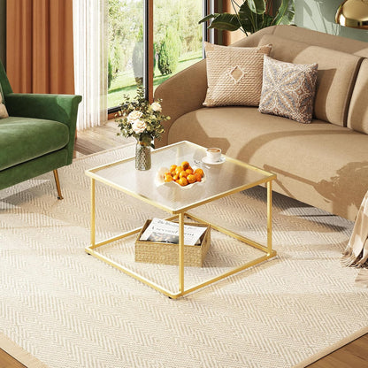 26.4 26.4in, WLIVE Glass Coffee Table, Small Modern Coffee Table for Living Room with Wave Textured Glass & Metal