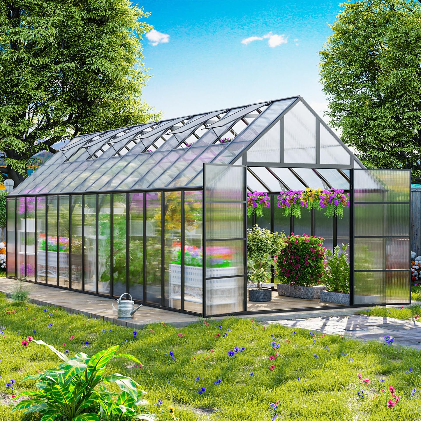 SELLERWE 28x10x10 FT Large Greenhouse, Easy Assembly Thicker Aluminum Hybrid Polycarbonate Greenhouses for Outdoors w/6 Windows,Heavy Duty Walk-in Greenhouses for Outside, Backyard, Graden