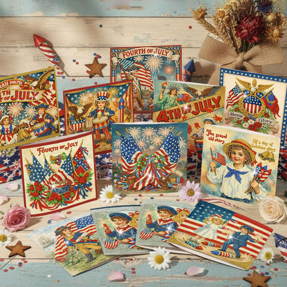 Saillong 12 Pack Vintage 4th of July Diamond Painting Greeting Card Kits Patriotic Diamond Art Cards with Envelopes Retro Red White Blue 5D Rhinestones Painting Making Kits for Adults DIY Craft Gifts