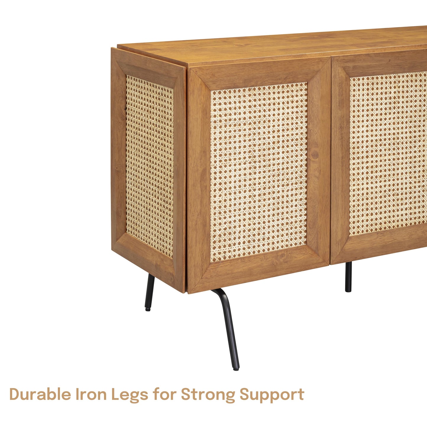 NTC MOSSIC Modern Sideboard with 3 Doors, Natural Rattan Storage Cabinet, Buffet with Metal Legs, Boho Accent Cabinet for Living Room, and Entryway, Effortless Assembly, Teak Look