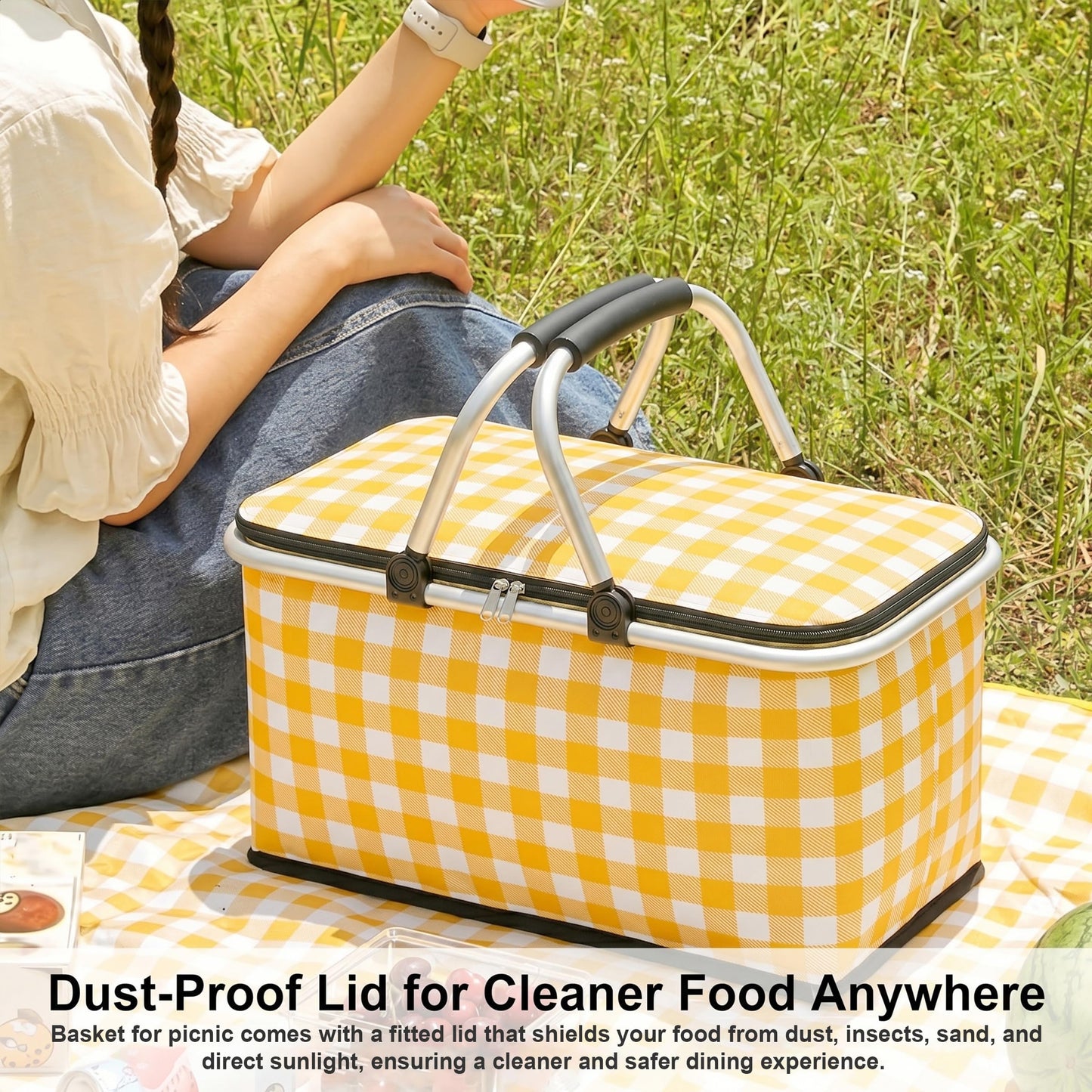 IACTIVE Insulated Picnic Basket，Collapsible Picnic Basket，30L Large Market Basket with Lid，2 Sturdy Handles，Storage Basket for Picnic，for Food Delivery，Take Outs，Market Shopping，Travel(Yellow Grid)