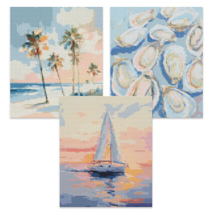 Kemingni 3 Pack Pastel Ocean Beach Diamond Painting Kit, Tropical Palm Tree Nautical Sailboat Oysters Diamond Art Kits for Adults Beginners, Full Drill Gem Painting for Home Wall Decor, 9.8x11.8 Inch