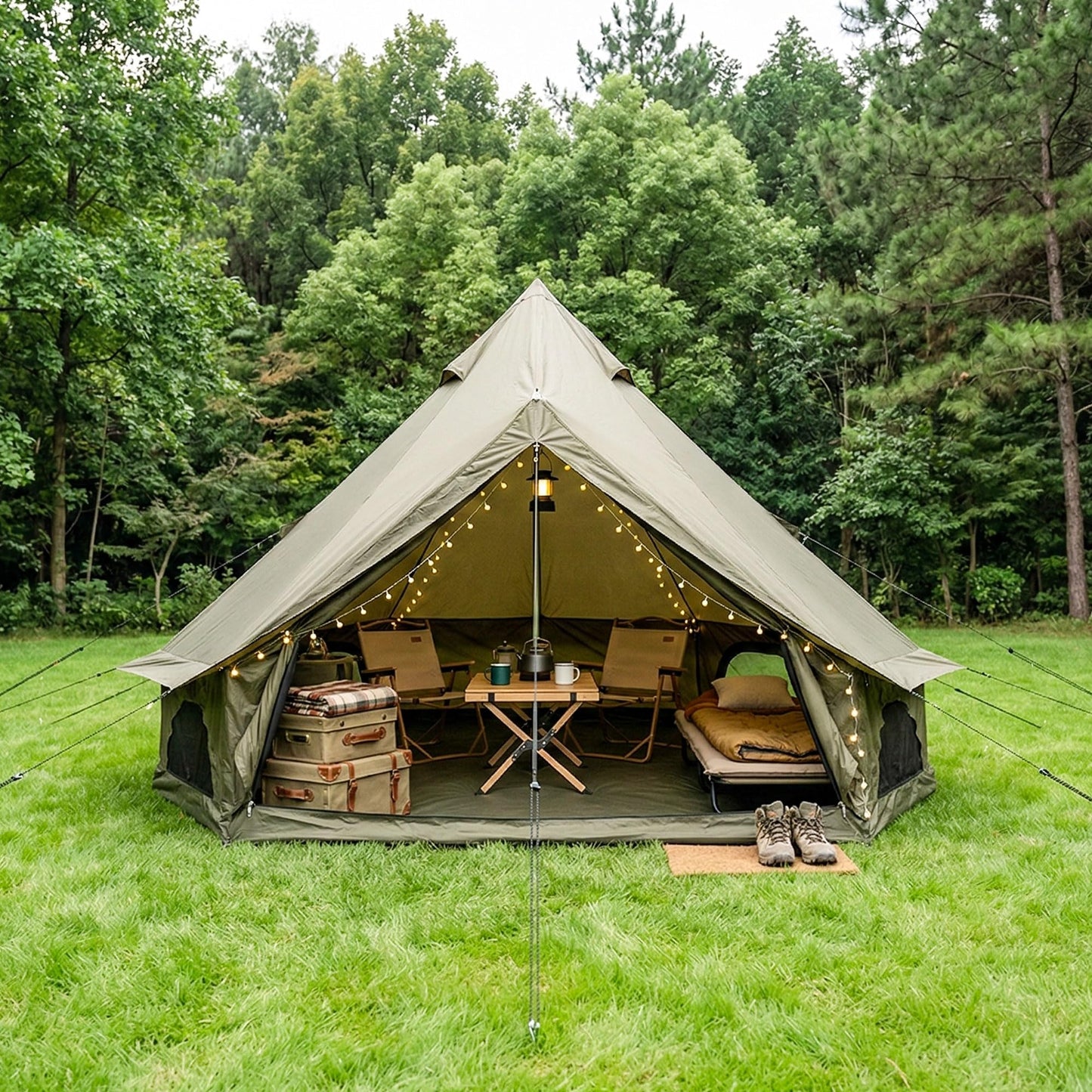 KEIKI 4 Season Canvas Bell Tent 16.4 FT Waterproof All Weather Glamping Yurt Tent, Luxury Hot Tent Stove Jack, Breathable Spacious Family Camping Teepee for 8 People Outdoor Hunting Party Event Green