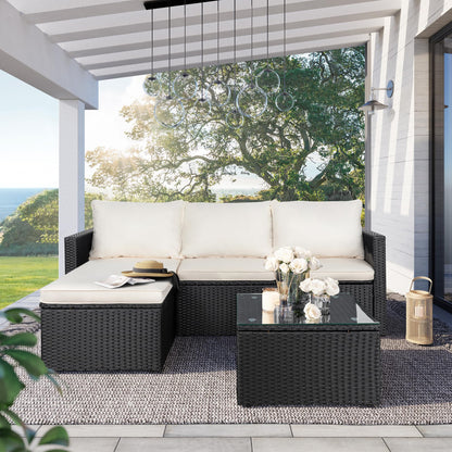 SUNLEI Patio Furniture Set with Detachable Soft Cushions, Outdoor PE Rattan Patio Conversation Sofa Set, 3-Piece Patio Sectional Sofa with Glass Coffee Table, Black Rattan/White