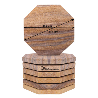 Marbco Sandstone Water Absorbent Hand Crafted Octagon Coasters for Drinks- Set of 6-4 inches Wide Thirsty Stone bar/Drink Coasters Made from Real Solid Stone (Without Holder, Set of 6)