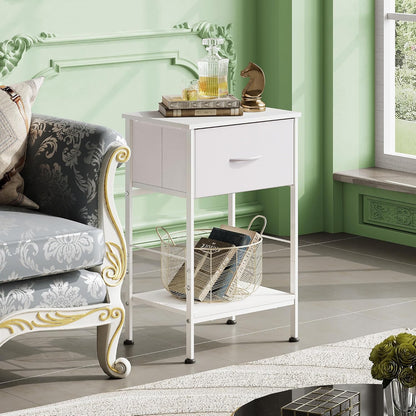 25.03" WLIVE White Nightstand, Night Stand with Fabric Storage Drawer and Open Wood Shelf, Small End Side Table