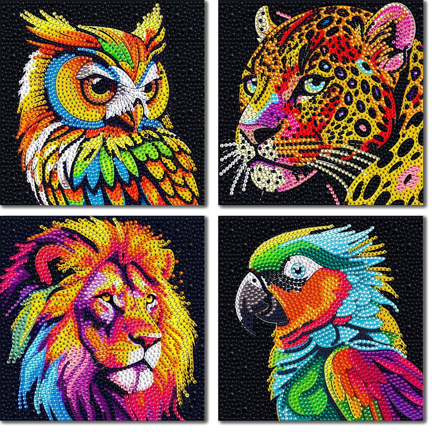 UiSdfuy Diamond Art Kits for Kids, Arts & Crafts Ages 8-12,Diamond Art for Boys Girls,Gem Art 4 Pack Diamond Painting 6"x 6" - Lion Owl Leopard Parrot