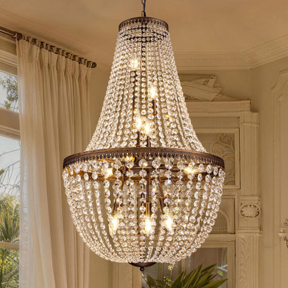 Wellmet French Empire Crystal Chandelier Farmhouse Antique Bronze Chandeliers Light Fixture, 10 Lights Adjustable Pendant Light for Dining Living Room, Bedroom, Entryway, Kitchen, Foyer, 25.4" W