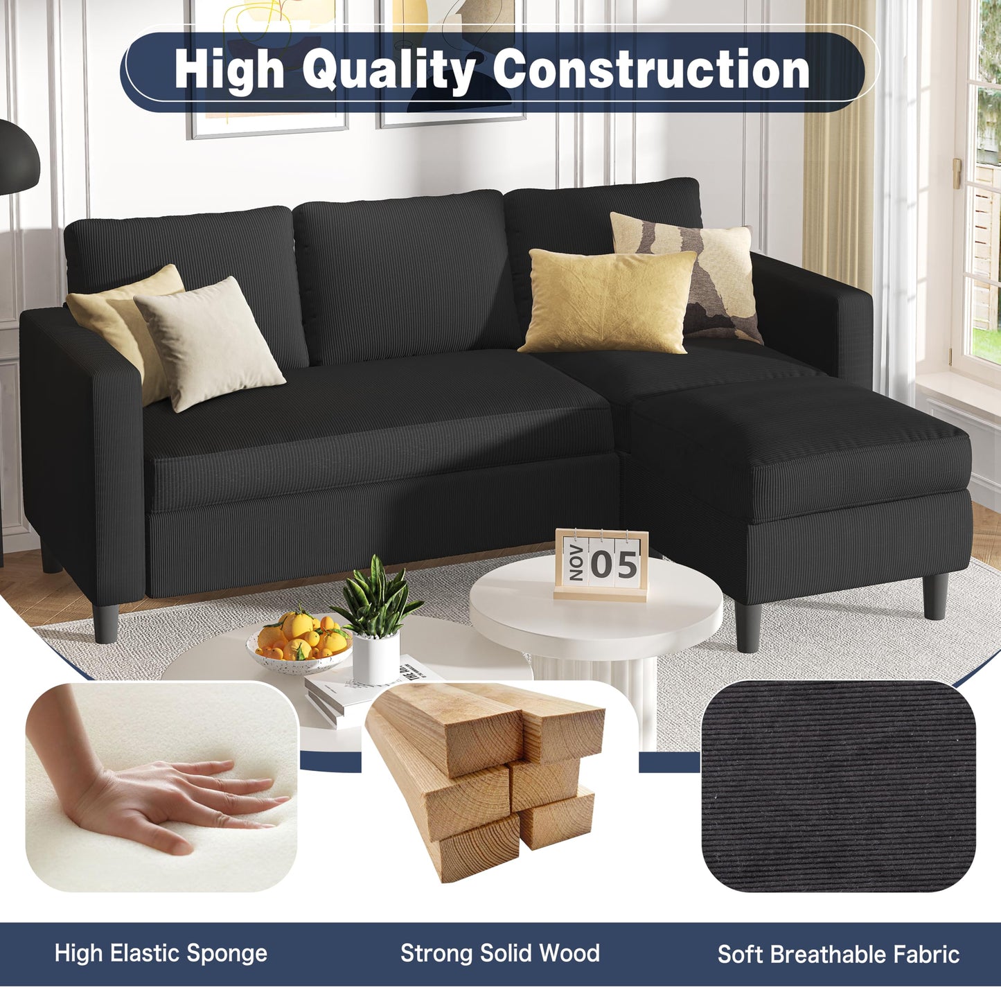 Shintenchi L Shaped Sectional Sofa Couch,Convertible Modular Sofas with Movable Ottoman,3-Seat Upholstered Corduroy Couch,Small Couches for Living Room,Apartment,Office(Black)