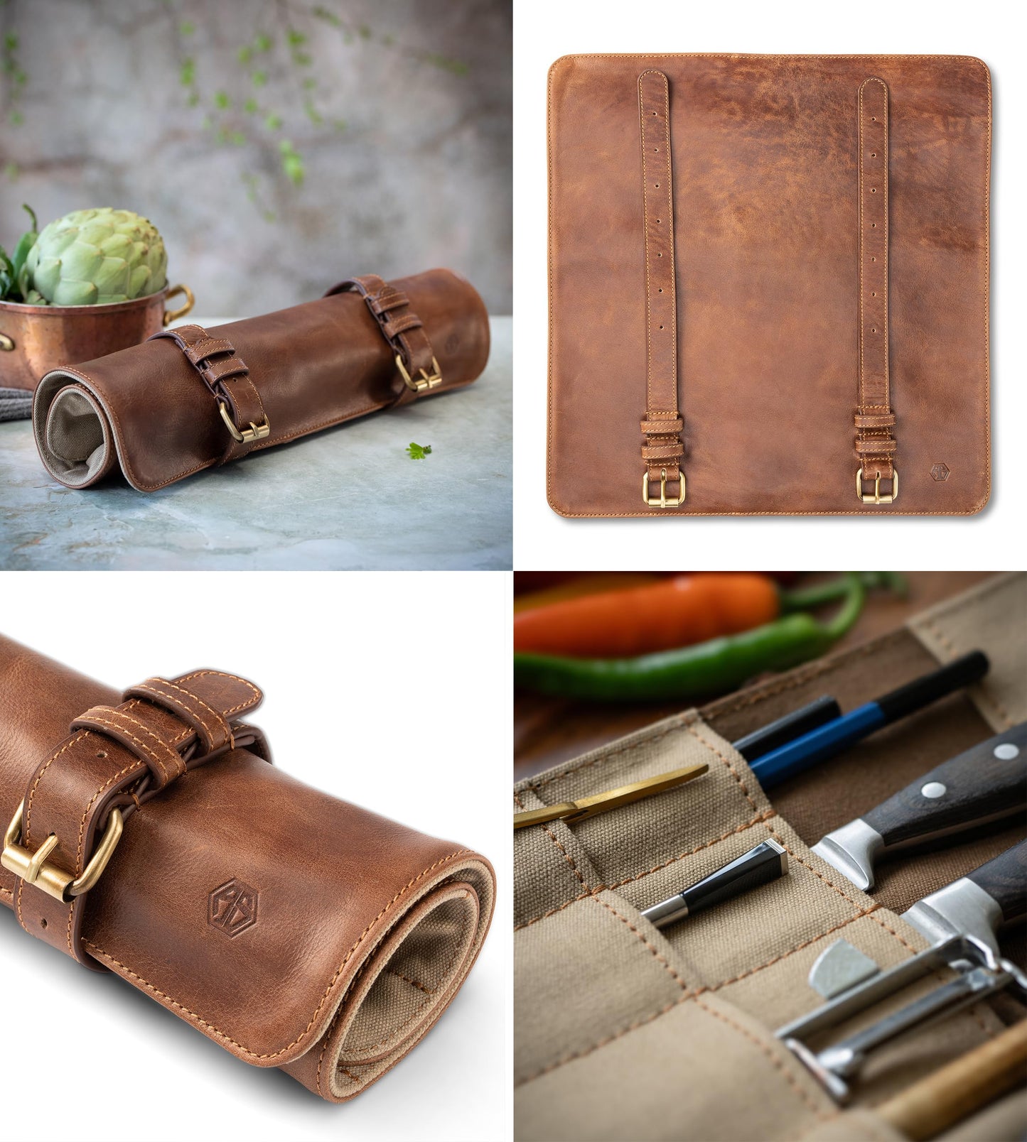 Angus Stoke knife roll bag made of real buffalo leather | 14-slot leather knife case for chef's knives - large knife bag Duplex (brown)