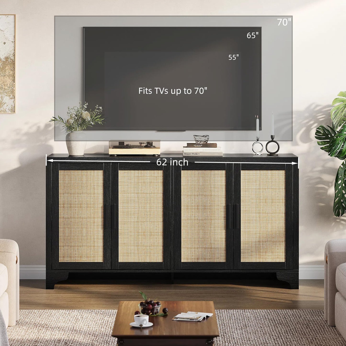 Garvee Natural Rattan Storage Cabinet with Shelves, 4-Door Sideboard Buffet Cabinet, Boho TV Stand Console Table for Living Room, Entryway, Dinning Room