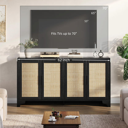 Garvee Natural Rattan Storage Cabinet with Shelves, 4-Door Sideboard Buffet Cabinet, Boho TV Stand Console Table for Living Room, Entryway, Dinning Room