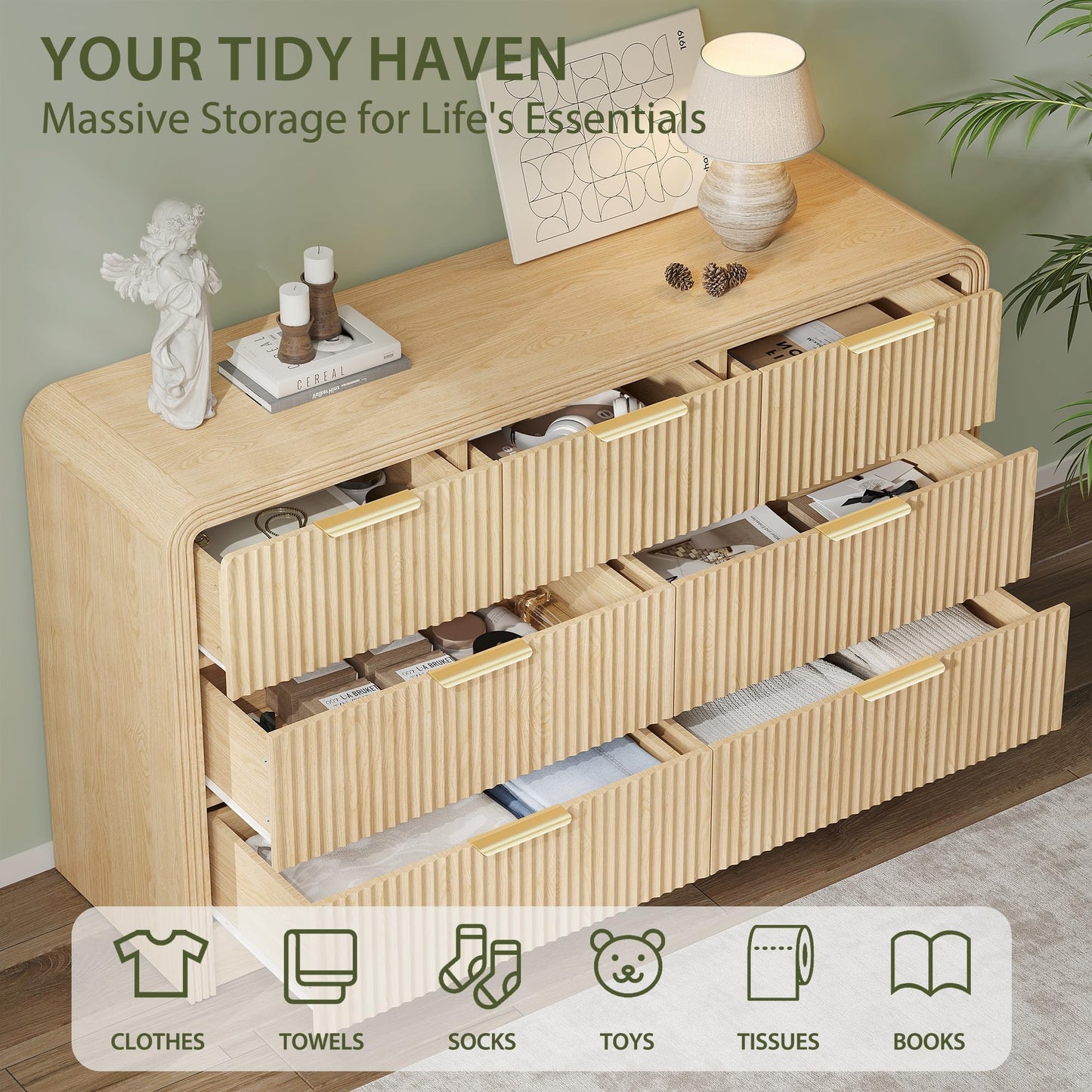 Decofy Fluted Drawers Dresser for Bedroom, Wood Dressers with Gold Handles, Modern Dressers with Wave Texture, Large Storage Chest of Drawers, Bedroom Dresser Organizer 55'' & 7 Drawers (Natural Oak)