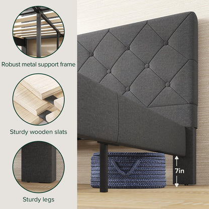 Zinus King Shalini Upholstered Platform Bed Frame with Headboard [New WonderBox(TM) Version], Wooden Slat Support, No Box Spring Needed, Easy Assembly, Eco Friendly Packaging, Dark Grey