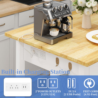 DynJest 60" Solid Rubberwood Kitchen Island with Power Outlets - Extra Large Work Surface, 3 Drawers & 2 Open Shelves Storage Cabinet for Kitchen Dining Room, Farmhouse Style (White)
