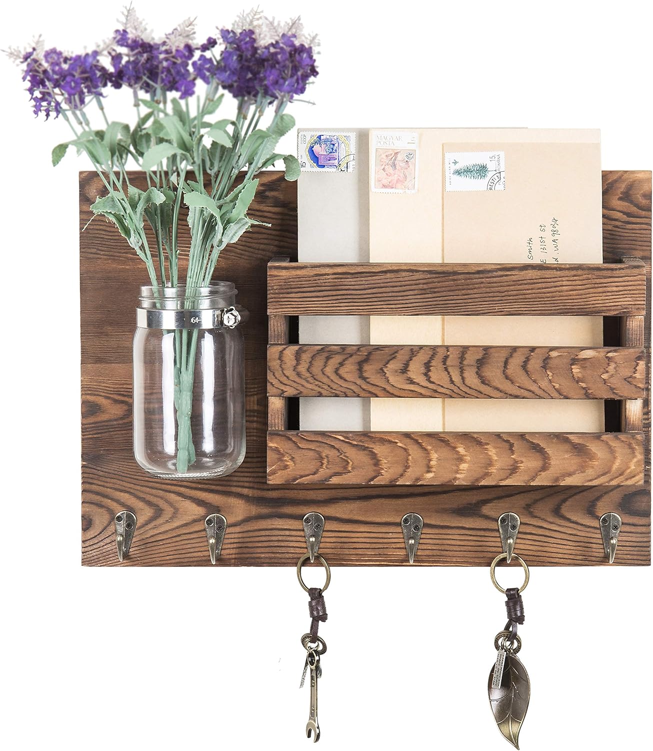 MyGift Wall-Mounted Burnt Wood Mail Holder Organizer with 6 Key Hooks & Mason Jar