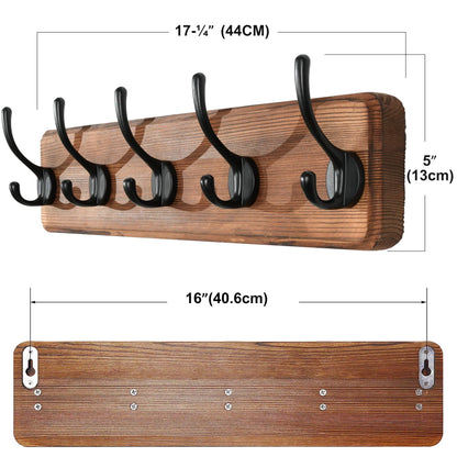 SKOLOO Rustic Wall Mounted Coat Rack with 16 Inch Mounting Hole Distance, Pine Solid Wood Coat Hook Hanger - 5 Hooks for Hanging Clothes Robes Towels Coats