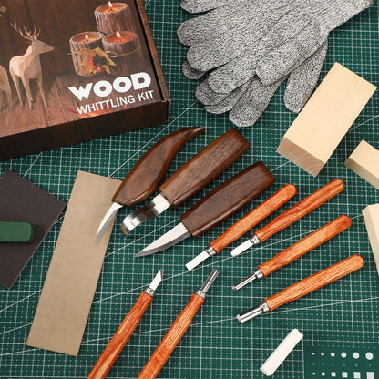 AUGSUN Wood Carving Kit, 17 Pack Wood Whittling Kit Hand Carving Knife Tools Set for DIY Sculpture Carpenter Experts & Beginners