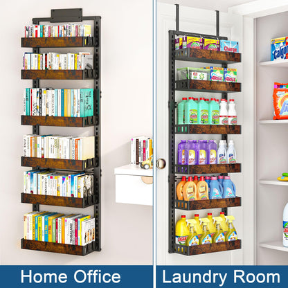 BUKFEN 6-Tier Over the Door Pantry Organizer, 2-in-1 Door Hanging or Wall Mounted Spice Rack, Heavy Duty Metal Storage Shelves with Adjustable Wooden Baskets for Kitchen Bathroom Closet