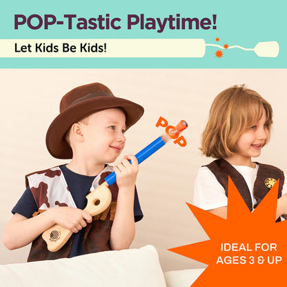 Blue Toy Pop Gun for Kids-Wooden Toy Guns for Boys 3-12 Yrs-Fake Handgun with Sturdy Wood Finish & Durable Silicone Stopper-Fun Hand Rifles & Pistol Toys for Small & Big Kid Play-Made in The USA