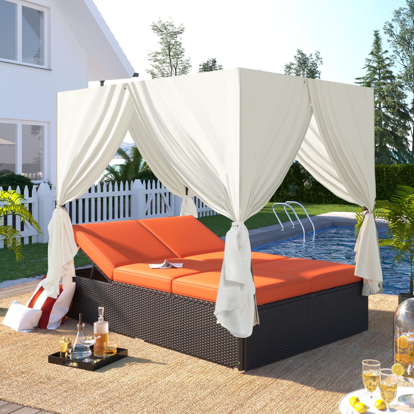 roomfitters Luxury Cabana Vibrant Orange Outdoor Double Chaise Lounge Patio Daybed with Privacy Curtains and Adjustable Reclining Backrest