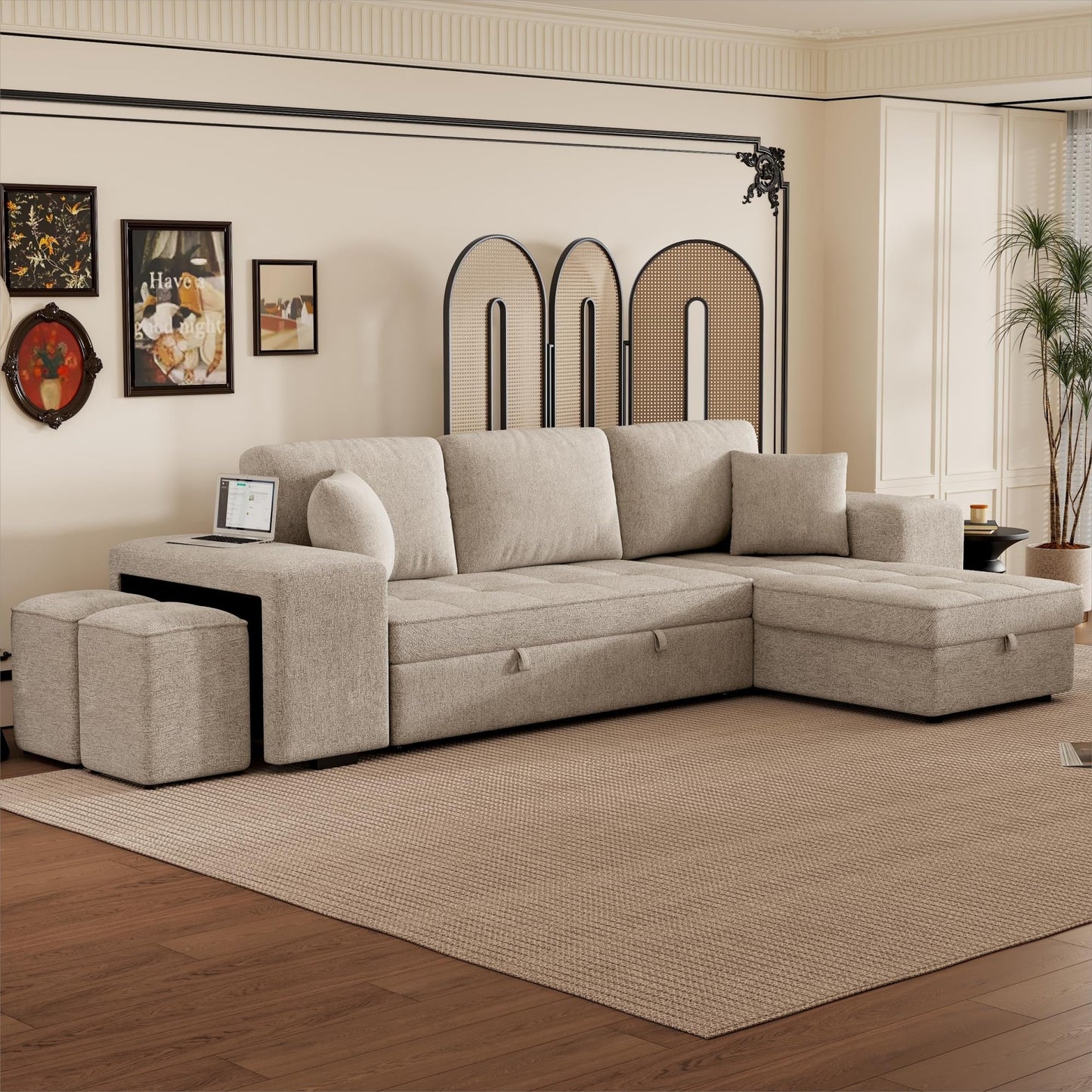 Merax 3 Seat Reversible Sectional Couch, Modern L-Shape Pull Out Sleeper Sofa with Storage Chaise and 2 Stools for Living Room Furniture Set, Cream