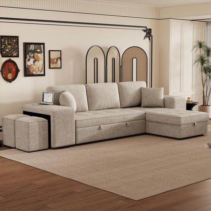Merax 3 Seat Reversible Sectional Couch, Modern L-Shape Pull Out Sleeper Sofa with Storage Chaise and 2 Stools for Living Room Furniture Set, Cream