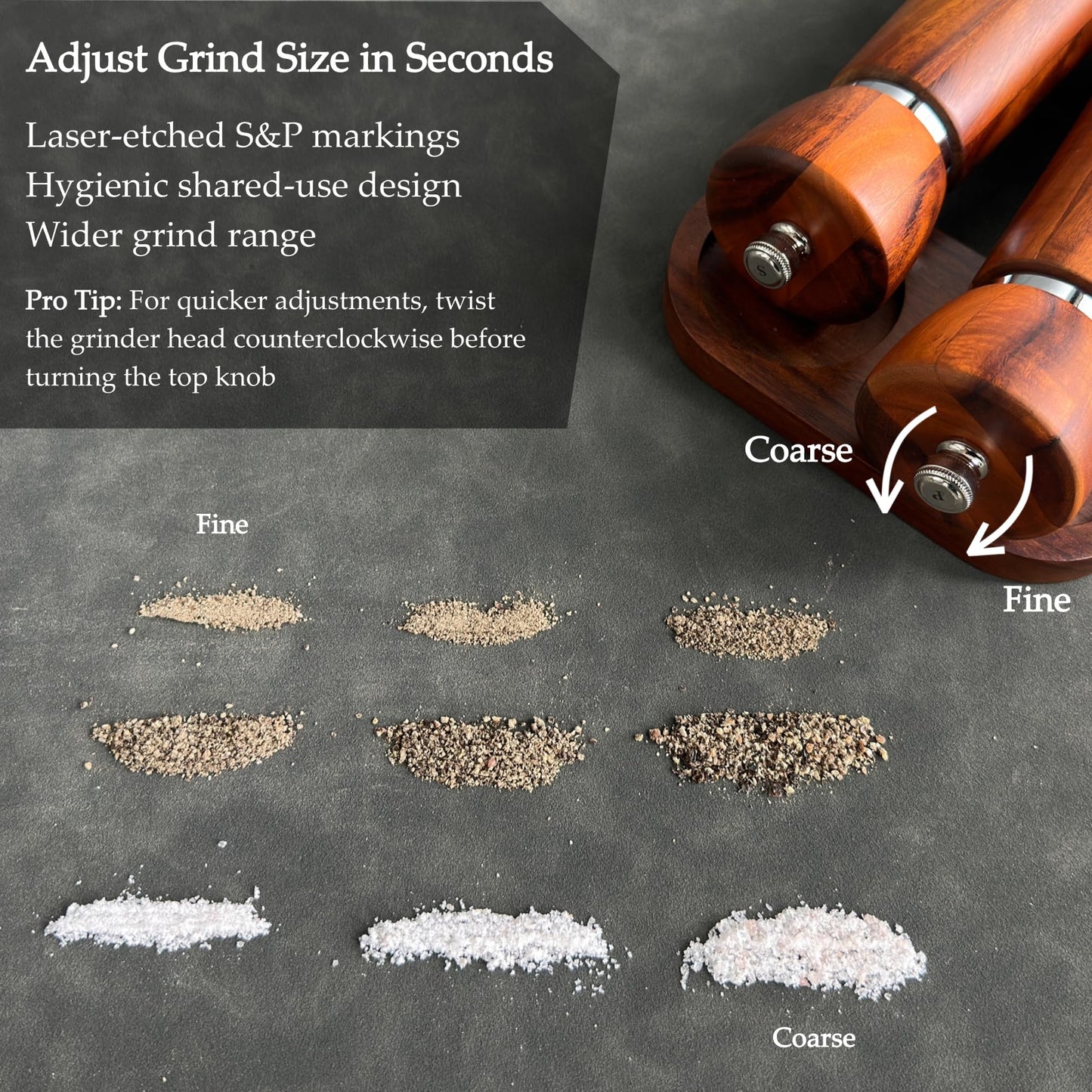 TLYSXPRO Wooden Salt and Pepper Grinder Set – Refillable Salt and Pepper Mill with Adjustable Upgraded Large Size Ceramic Burr – Manual Pepper Grinder with Acacia Wood Body – 8.3” Tall