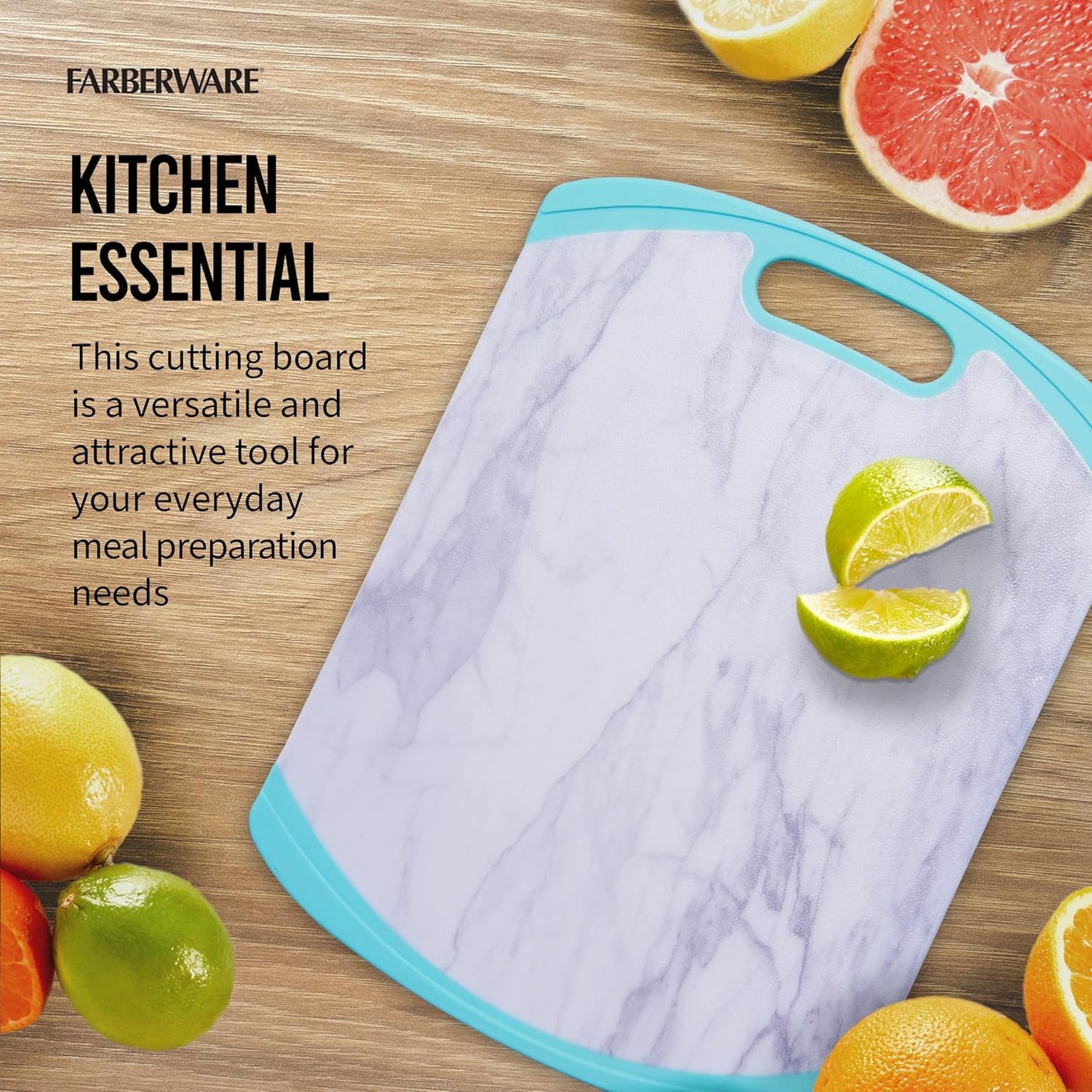 Farberware Plastic Cutting Board with Aqua Nonslip Edges, Stylish Marble Pattern, 11x14-Inch