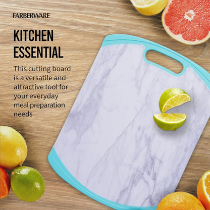 Farberware Plastic Cutting Board with Aqua Nonslip Edges, Stylish Marble Pattern, 11x14-Inch