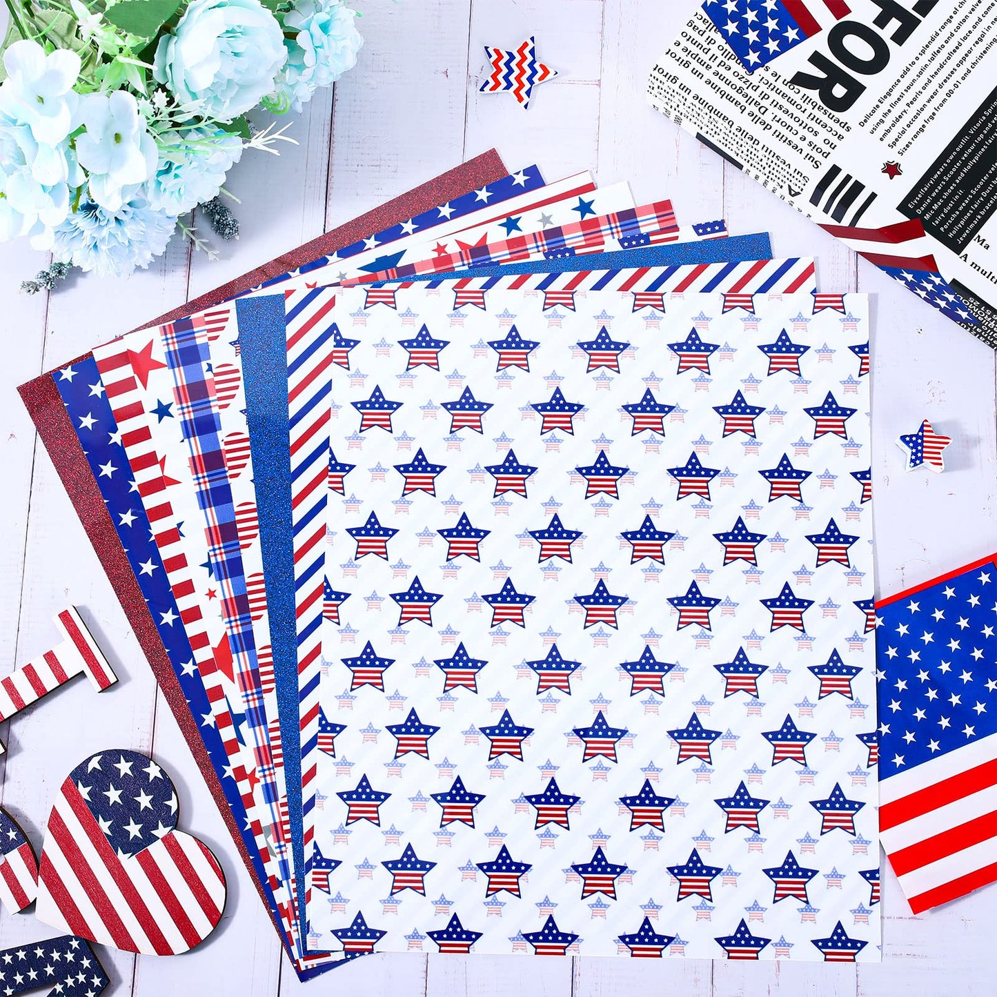 Whaline 9 Sheet Patriotic Heat Transfer Vinyl 4th of July Glitter Iron on Vinyl American Star Pattern HTV Adhesive Craft Vinyls for 250th Anniversary Independence Day DIY Fabric Craft, 9.6 x 11.8 Inch