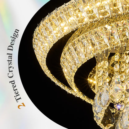 Kuailkag Crystal LED Ceiling Light 24" Modern Flush Mount Chandelier,K9 Crystal Raindrop,Elegant Lighting Fixture with Remote/APP,3CCT,Dimmable Living Room Chandeliers Lights-Golden