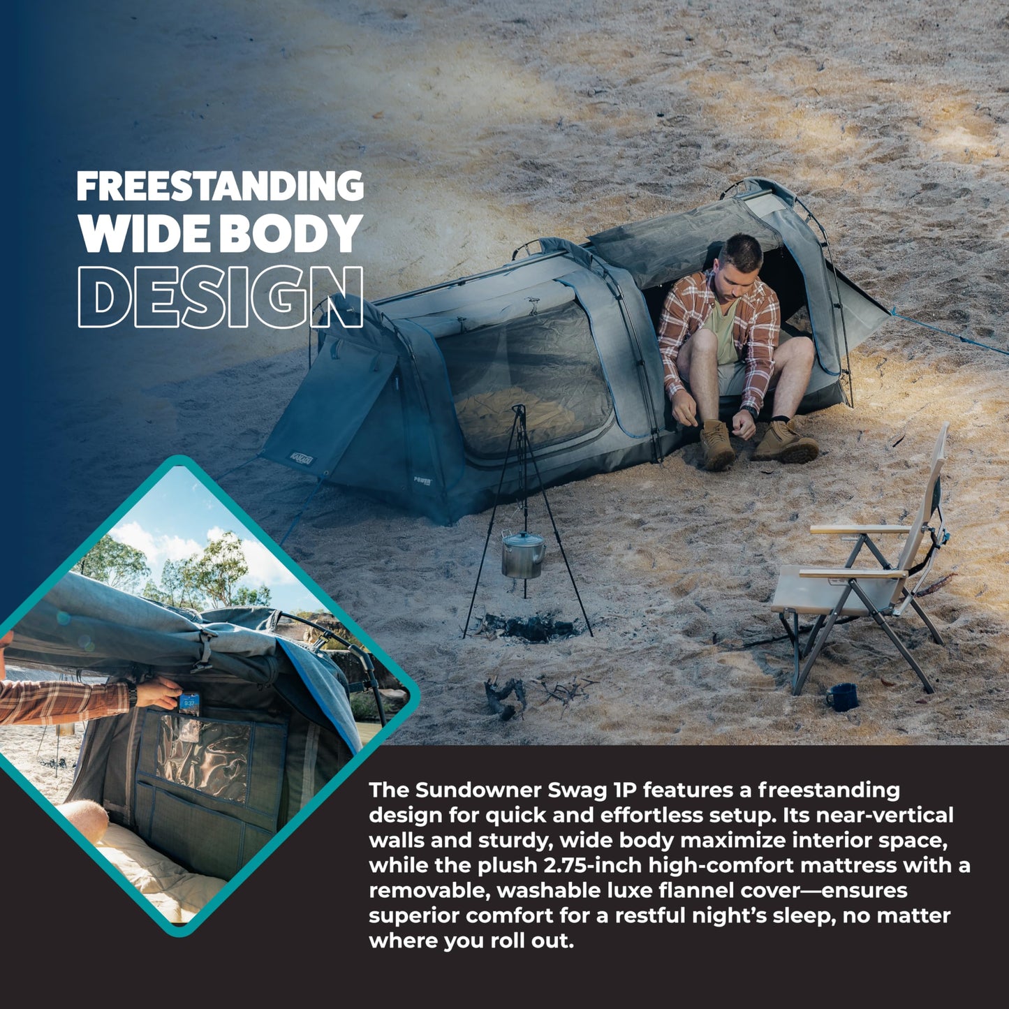 Kakadu Canvas Swag Tent, 1 Person, Australian Polycotton Camping Ground Tent, All Seasons, Waterproof, with 2.75” Foam Mattress, LED Lighting, Carry Bag