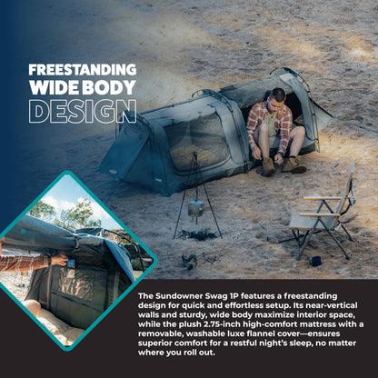 Kakadu Canvas Swag Tent, 1 Person, Australian Polycotton Camping Ground Tent, All Seasons, Waterproof, with 2.75” Foam Mattress, LED Lighting, Carry Bag