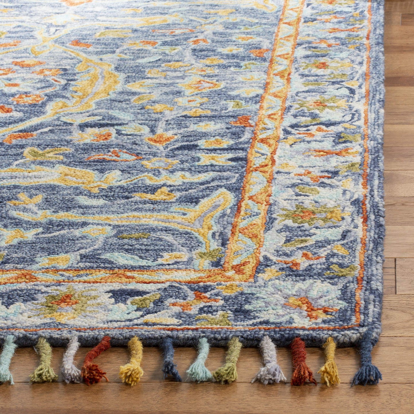 SAFAVIEH Area Rug 8x10 - Aspen Collection - Large - Blue & Rust, Handmade Wool, Boho Braided Tassel Design, Ideal for Living Room, Bedroom, Office, Dining Space (APN116M)