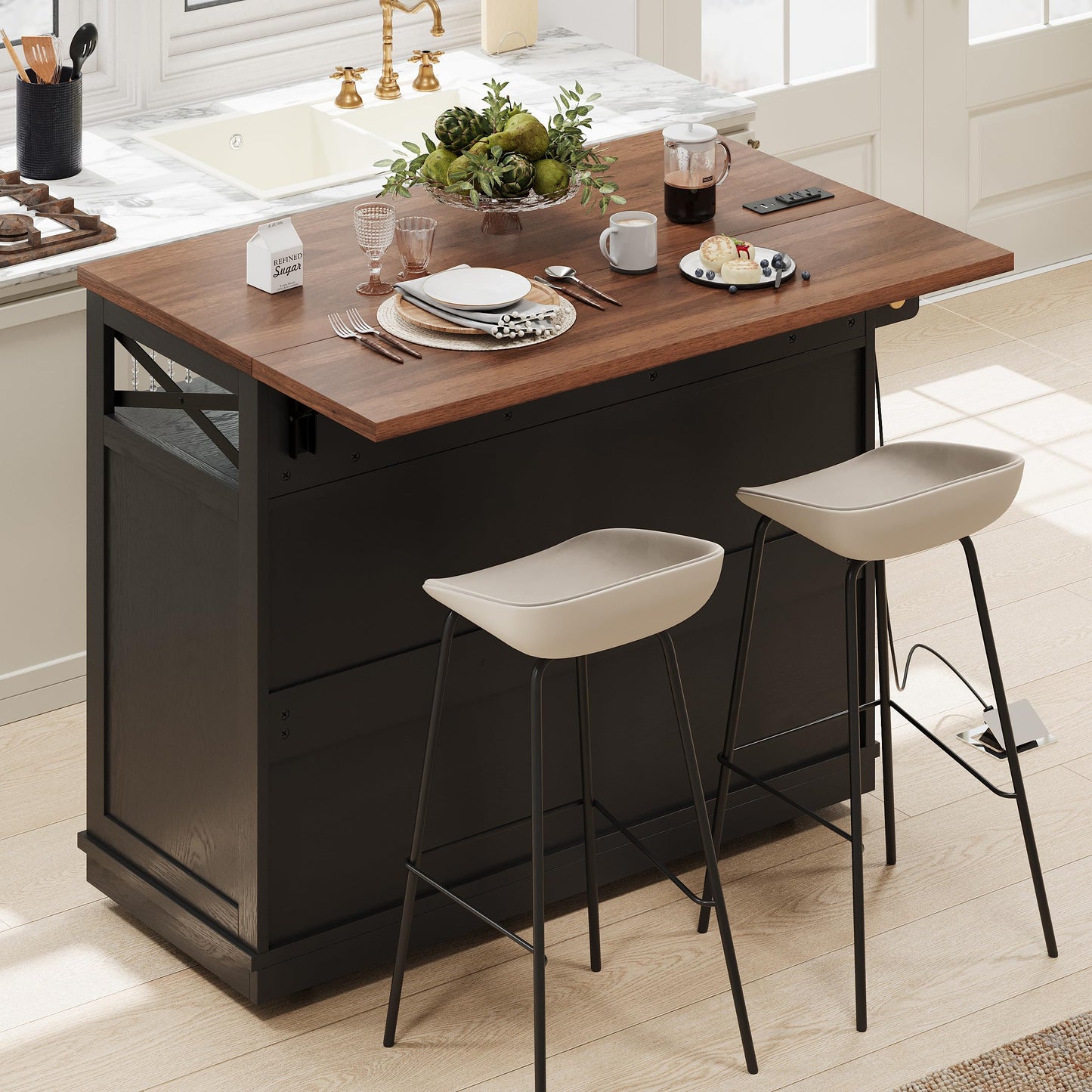 Bellemave 46.5" Farmhouse Kitchen Island cart with Charging Station and with Drape of Beads, Rolling Kitchen Island Table with Drop-Leaf, 3 Drawers, Black
