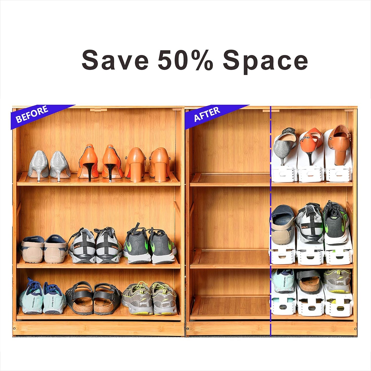 20PCS 50% Shoe Slots Organizer, Adjustable Double Layer Stack Shoe Rack, Space-Saving Storage Rack Holder, White